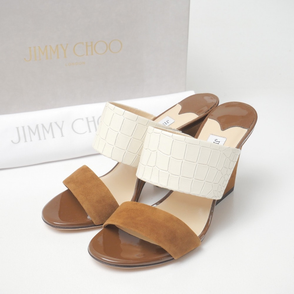 ■未使用品■JIMMY CHOO ジミーチュウ 151MARSA サンダル サイズ37 1/2 クロコ型押しレザー スエード ウェッジソール 20260728/RB0078