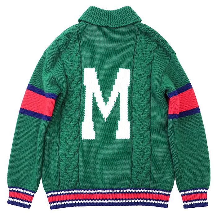 【美品】GUCCI グッチ レタードカーディガン ニット ABCDEFGUCCI M イニシャル ロゴ ローゲージ ケーブル シェリーライン ウェブストライプ ジップアップブルゾン ボンバージャケット ウール100% メンズ S グリーン 緑 イタリア製