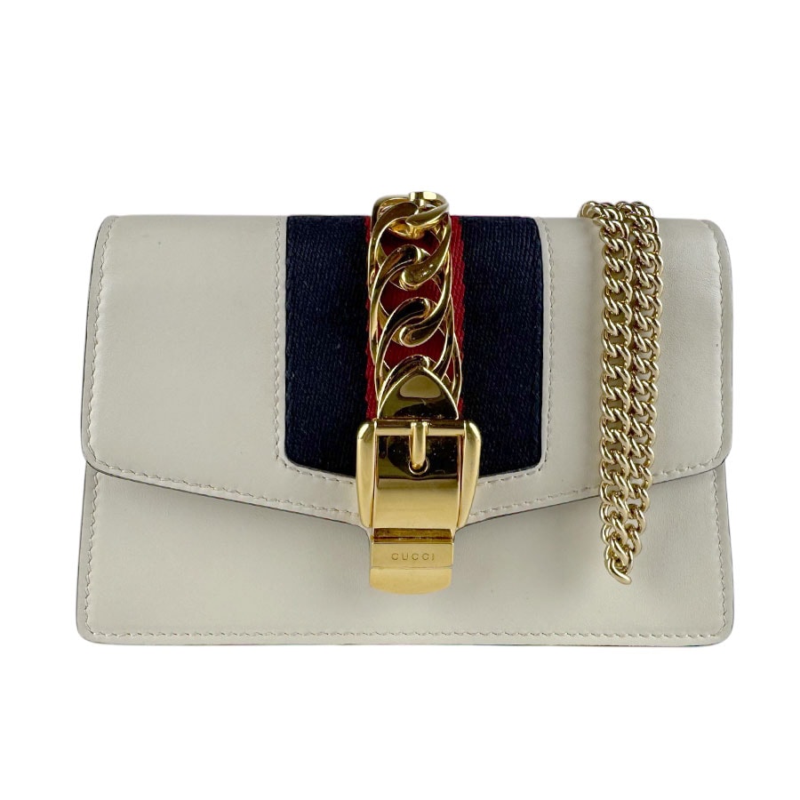 グッチ GUCCI 斜め掛けショルダーバッグ シルヴィ ミニ レザー/メタル アイボリー/ゴールド レディース 494646【中古】 z9406