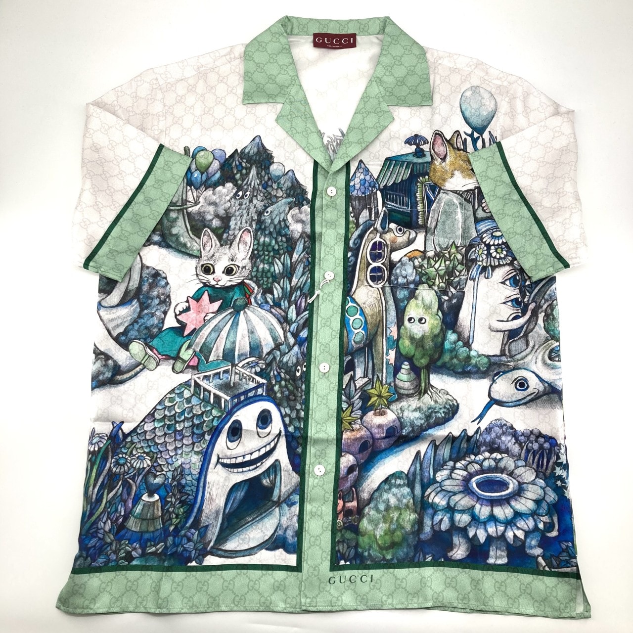 GUCCI(グッチ) ×ヒグチユウコ シルクツイルボウリング GG総柄 48 864048 半袖シャツ グリーン×ブルー×ホワイト