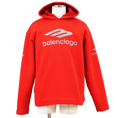 【未使用】BALENCIAGA バレンシアガ スウェット サイズ L メンズ 2023年製 パーカー ロゴ プリント スキーウェア コットン100% ボアライニング フーディー トップス タグ付属 レッド グレー 灰色 赤 ポルトガル製
