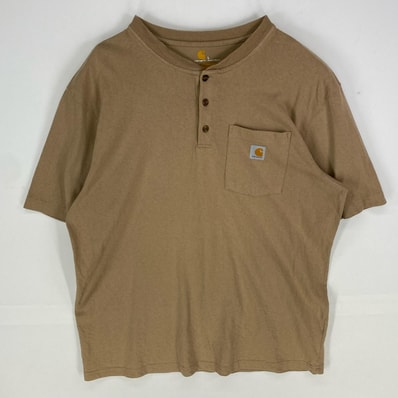 古着 カーハート Carhartt 半袖Tシャツ ヘンリーネック 胸ポケット ワンポイントロゴ L ベージュ系 メンズ