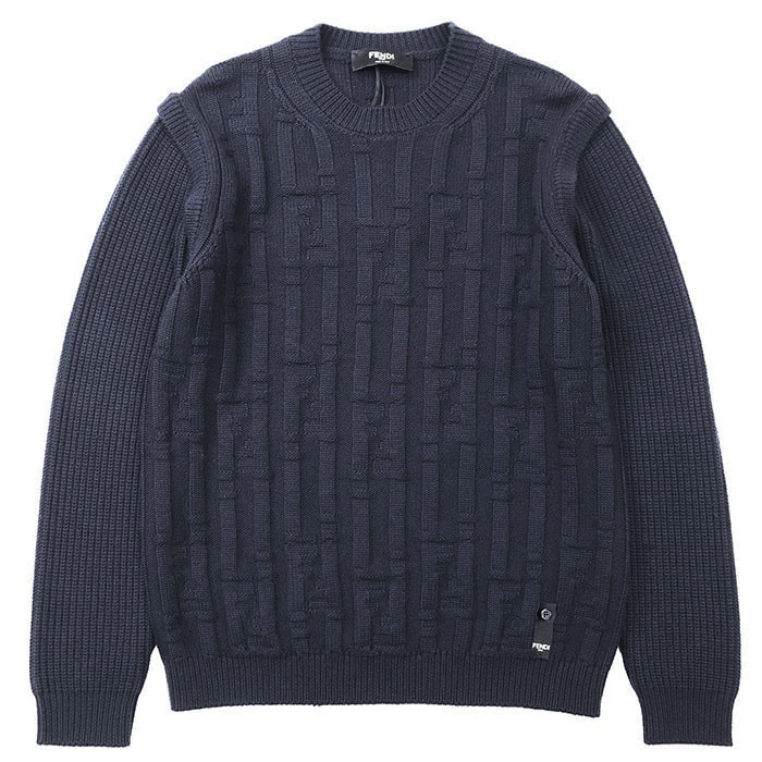 美品 フェンディ セーター 2023年製 ロゴ FF柄 ウール100% ズッカ柄 ニット メンズ ネイビー 46 FENDI