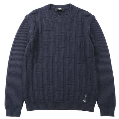 美品 フェンディ セーター 2023年製 ロゴ FF柄 ウール100% ズッカ柄 ニット メンズ ネイビー 46 FENDI