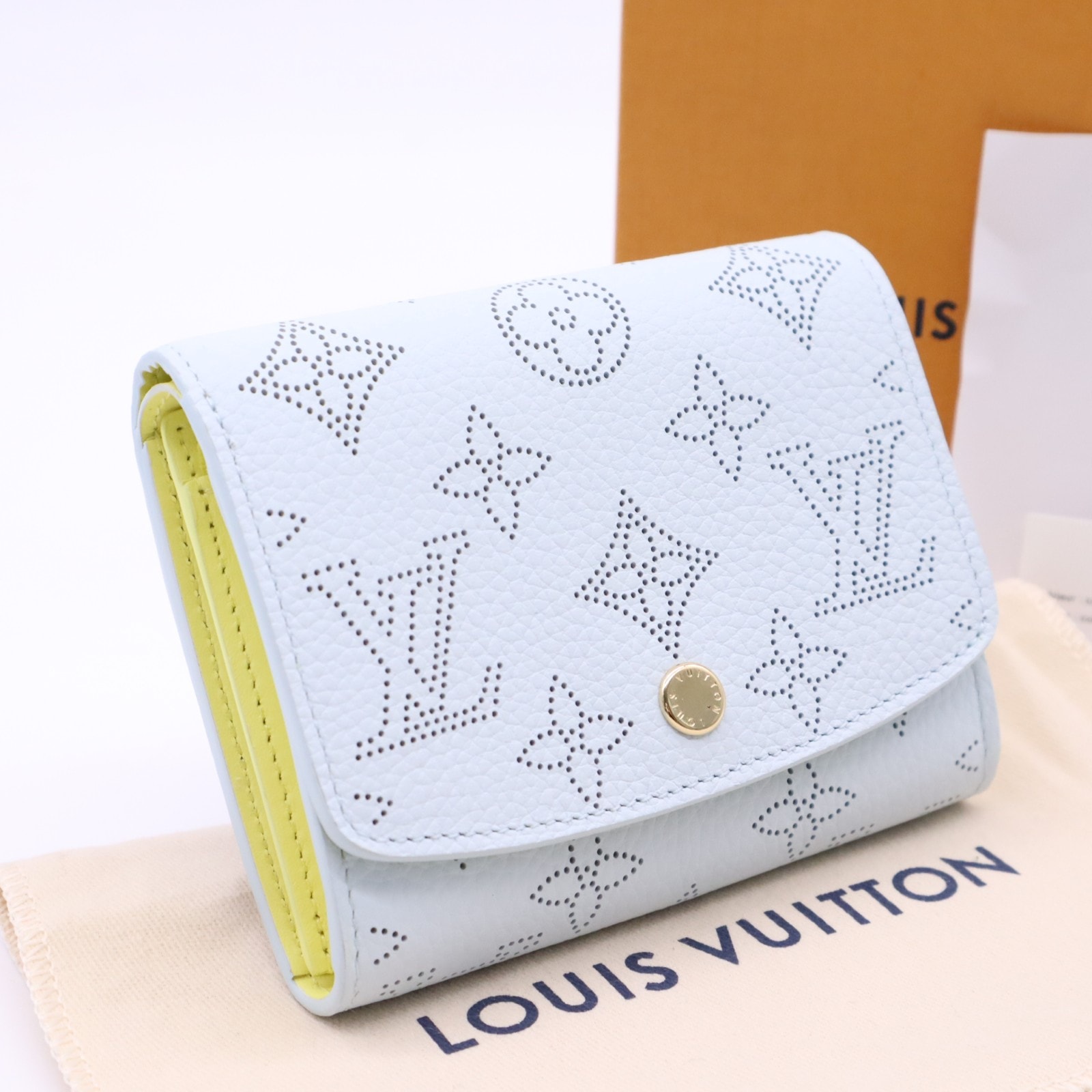 極美品 LOUIS VUITTON ルイ・ヴィトン マヒナ ポルトフォイユ イリス コンパクト スカイブルー M28064 二つ折り財布 ブルー イエロー カーフレザー レディース