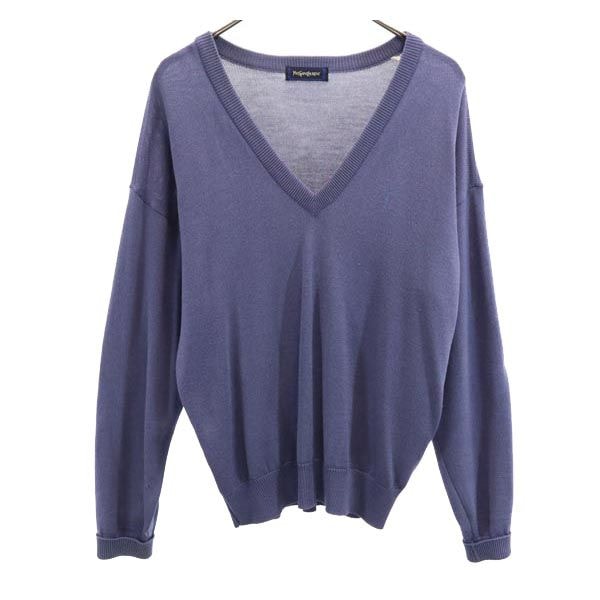 YVES SAINT LAURENT イヴサンローラン 90s ウール100% オールド 長袖 Vネック ニット M ブルー系 セーター ロゴ刺繍