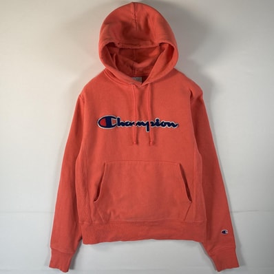 古着 チャンピオン Champion パーカー リバースウィーブ 復刻 ビッグロゴ プルオーバー ワンポイントワッペン SMALL オレンジ系 メンズ