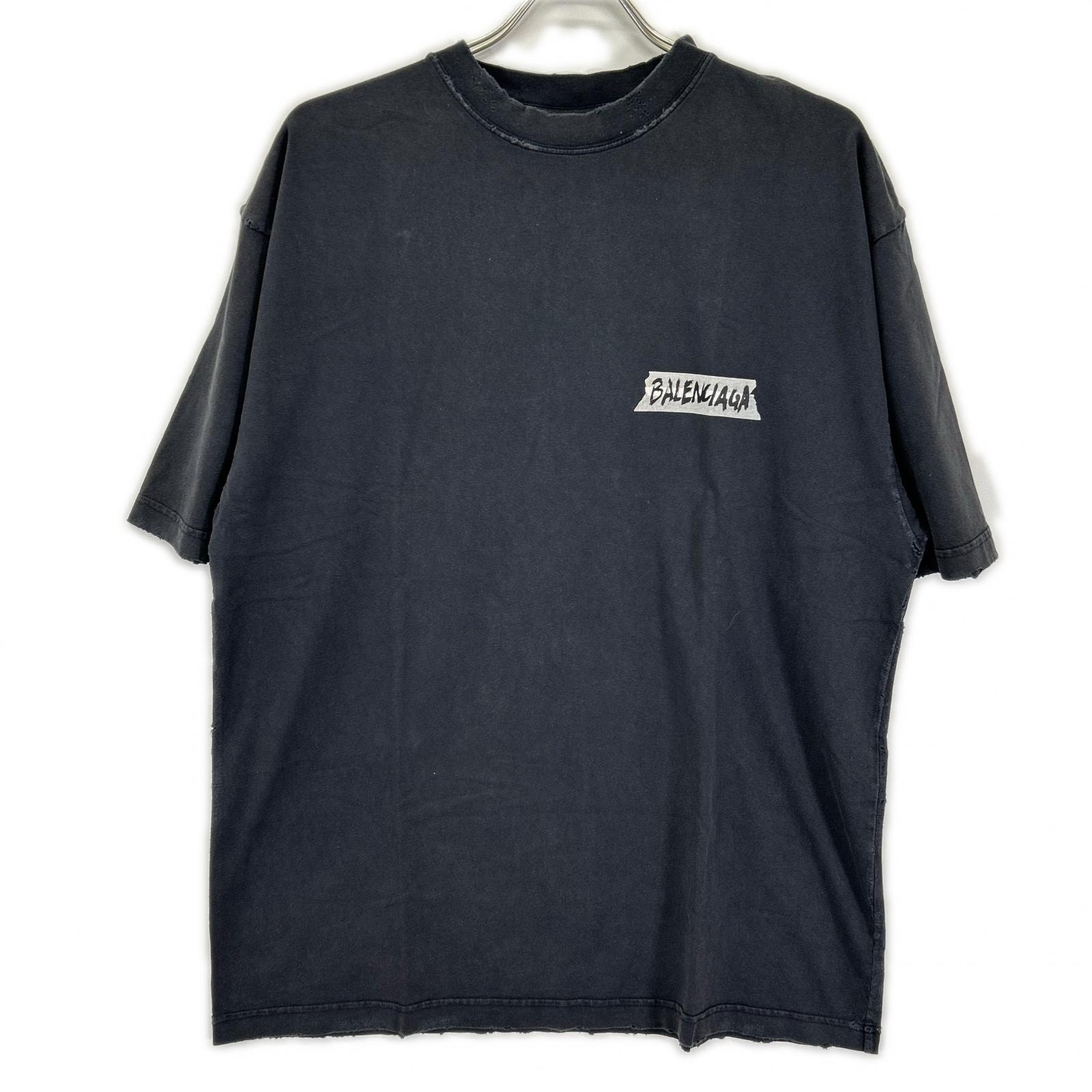 バレンシアガ 25年 764235 マスキングテープ デストロイ加工 Tシャツ XS