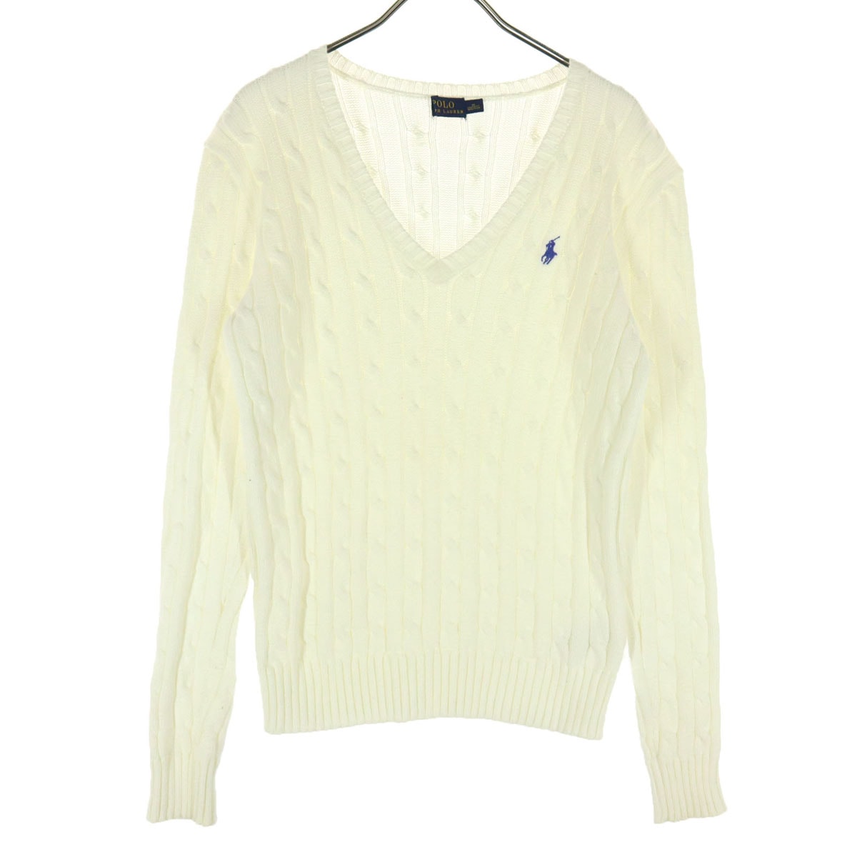 POLO RALPH LAUREN ポロラルフローレン ロゴ刺繍 長袖 Vネック ケーブル コットン ニット セーター M オフホワイト