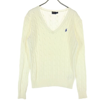 POLO RALPH LAUREN ポロラルフローレン ロゴ刺繍 長袖 Vネック ケーブル コットン ニット セーター M オフホワイト