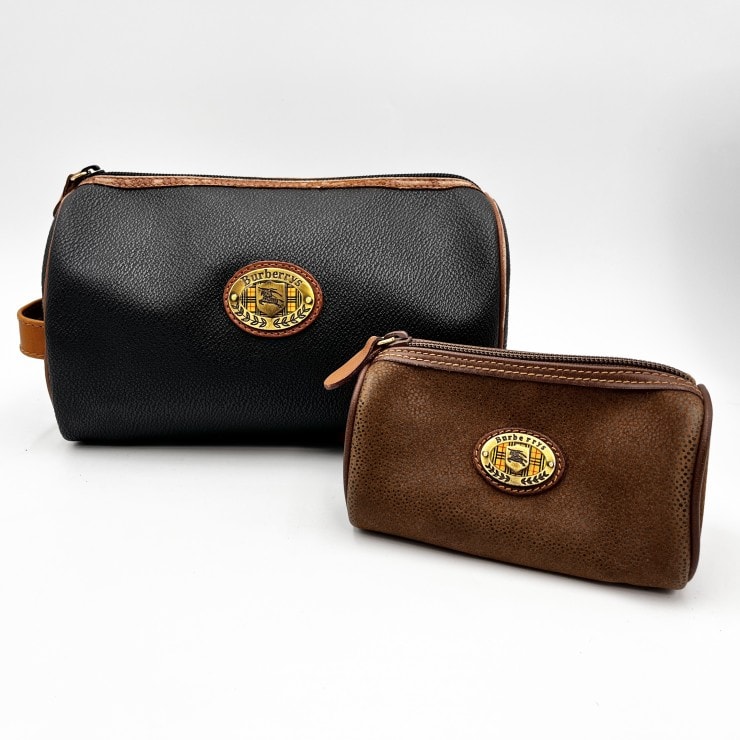 BURBERRYS(バーバリーズ)ヴィンテージ レザーポーチ セット 化粧ポーチ マルチポーチ ブラック×ブラウン ロゴプレート レディース 【中古】