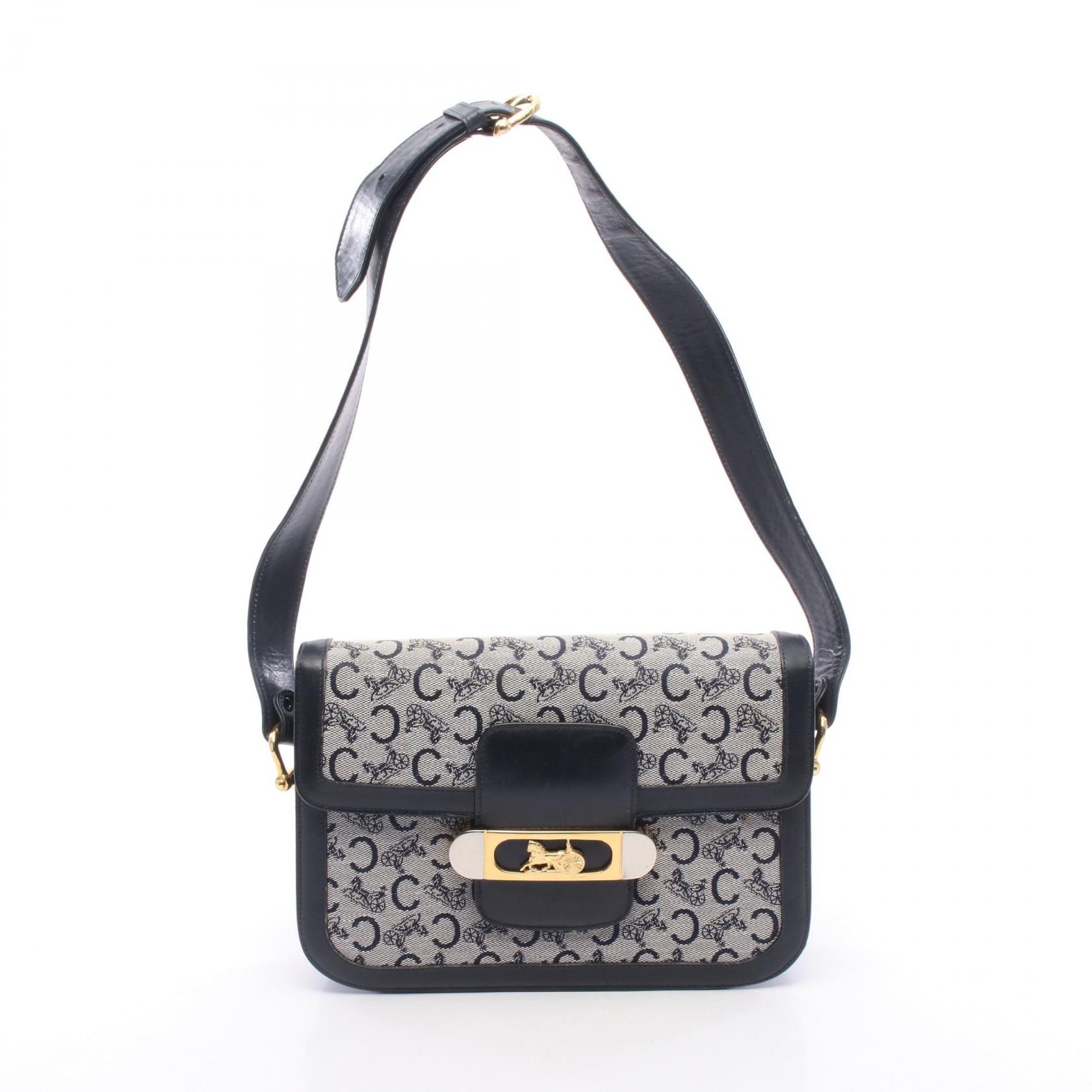 セリーヌ CELINE Cマカダム 馬車金具 ショルダーバッグ バッグ キャンバス レザー レディース グレー系 / ネイビー系 【中古】