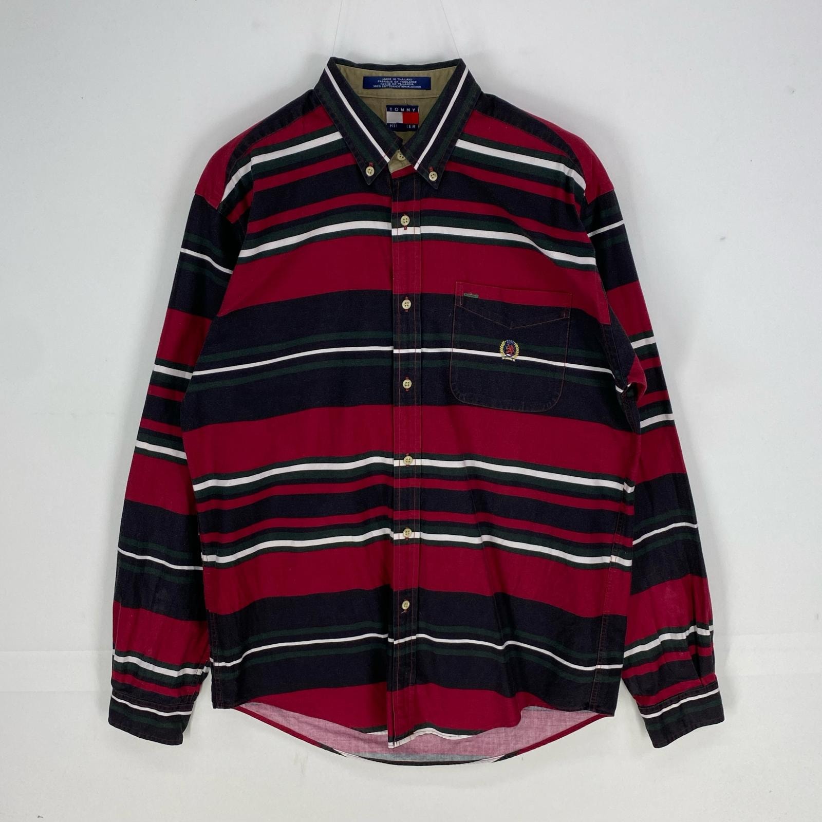 古着 90's/90年代 トミーヒルフィガー TOMMY HILFIGER 長袖シャツ 刺繍ロゴ ワンポイント XL  レッド系 ボーダー メンズ