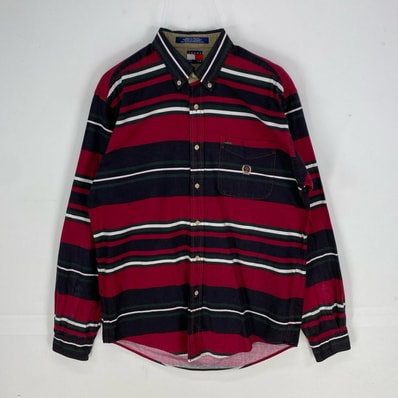 古着 90's/90年代 トミーヒルフィガー TOMMY HILFIGER 長袖シャツ 刺繍ロゴ ワンポイント XL レッド系 ボーダー メンズ