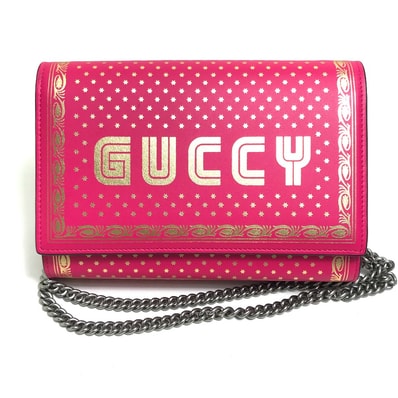 グッチ GUCCI GUCCY ロゴ 524967 カバン チェーンウォレットバッグ 2WAY 長財布 レザー ピンク ピンク/ゴールド 新品同様