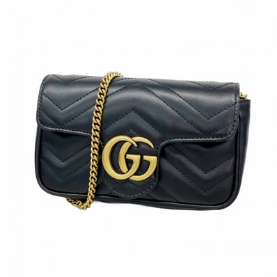 【6fa1428-k】グッチ ショルダーウォレット GGマーモント 476433 レザー ブラック ゴールド金具【中古】レディース