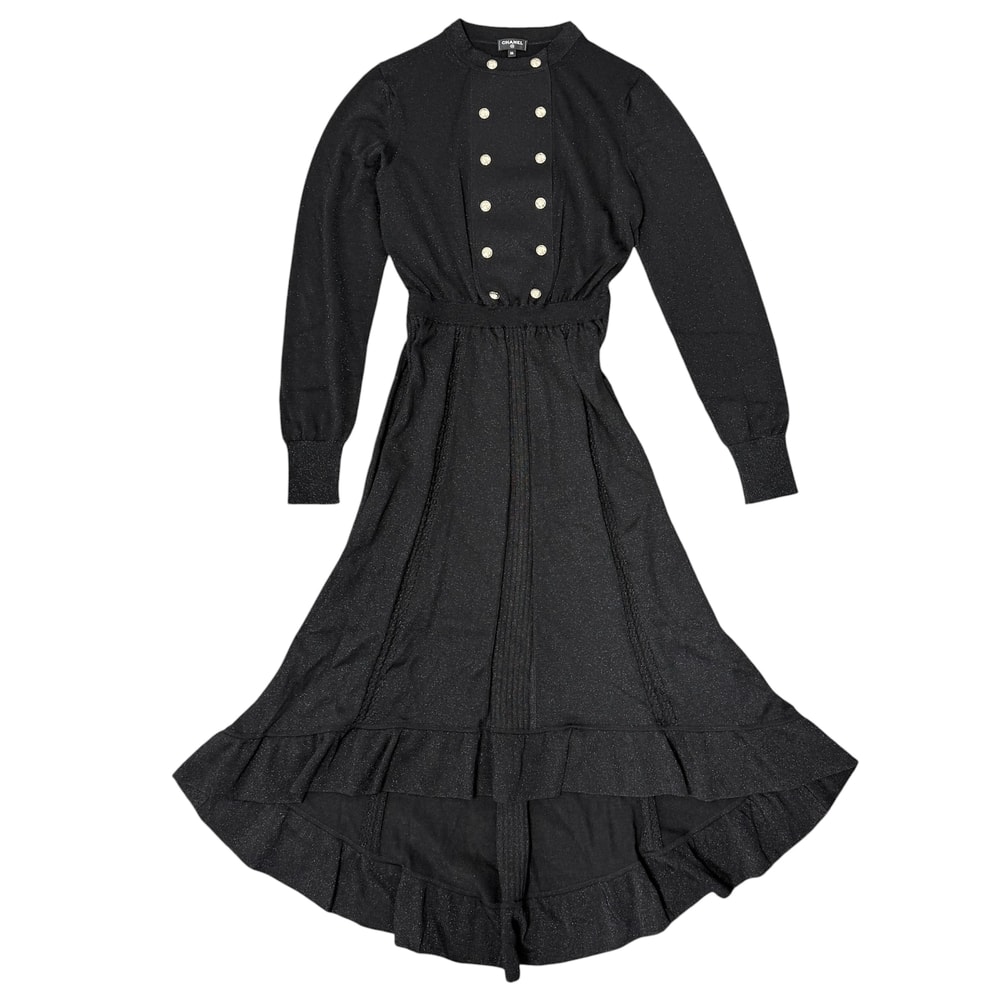 CHANEL シャネル ワンピース ココマーク アパレル 服 長袖 フリル ラメ 36 ブラック 黒    レディース 秋 冬 美品【中古品】