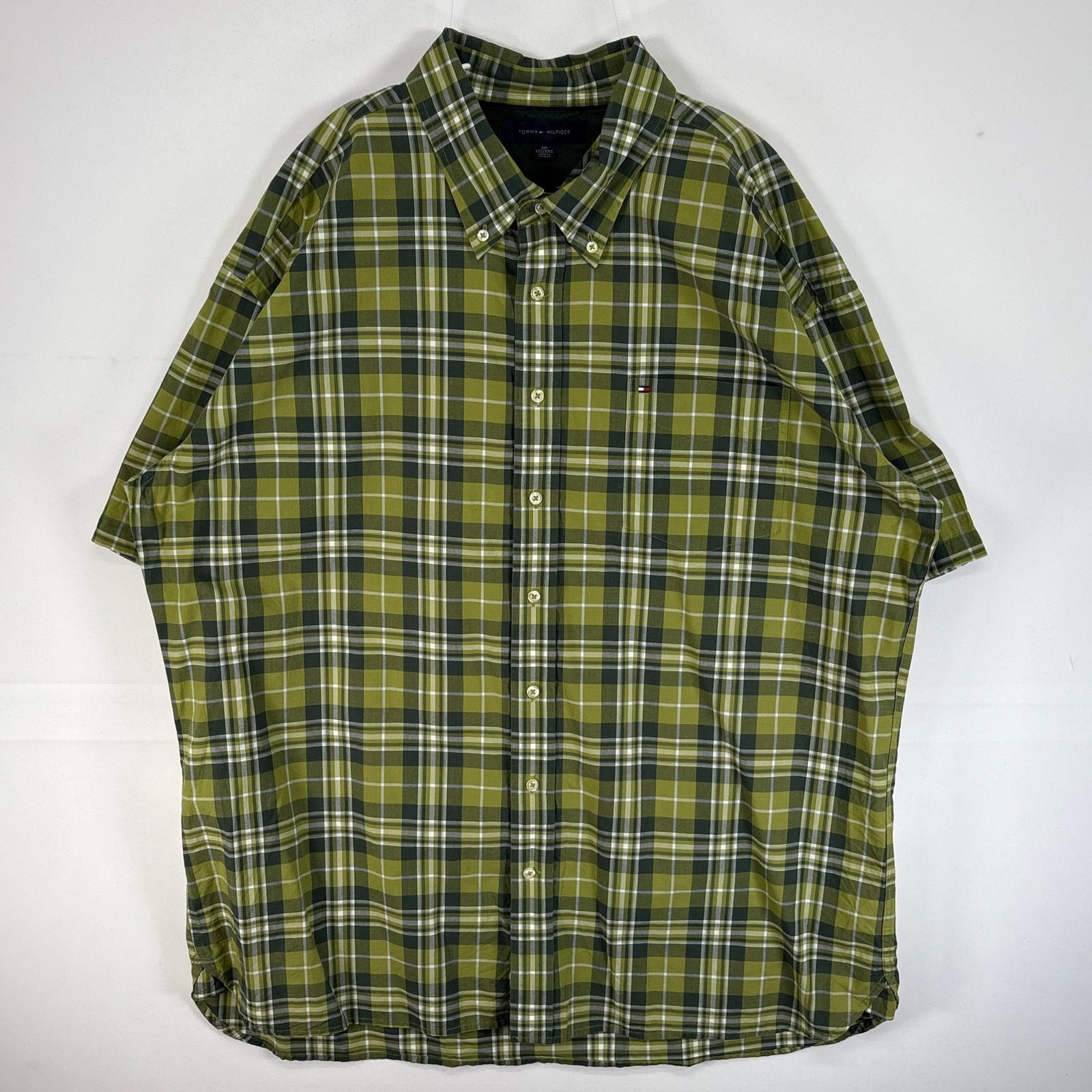 古着 トミーヒルフィガー TOMMY HILFIGER 半袖シャツ ロゴ 刺繍 大きいサイズ チェック 14041  グリーン マルチカラー メンズ