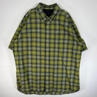 古着 トミーヒルフィガー TOMMY HILFIGER 半袖シャツ ロゴ 刺繍 大きいサイズ チェック 14041 グリーン マルチカラー メンズ