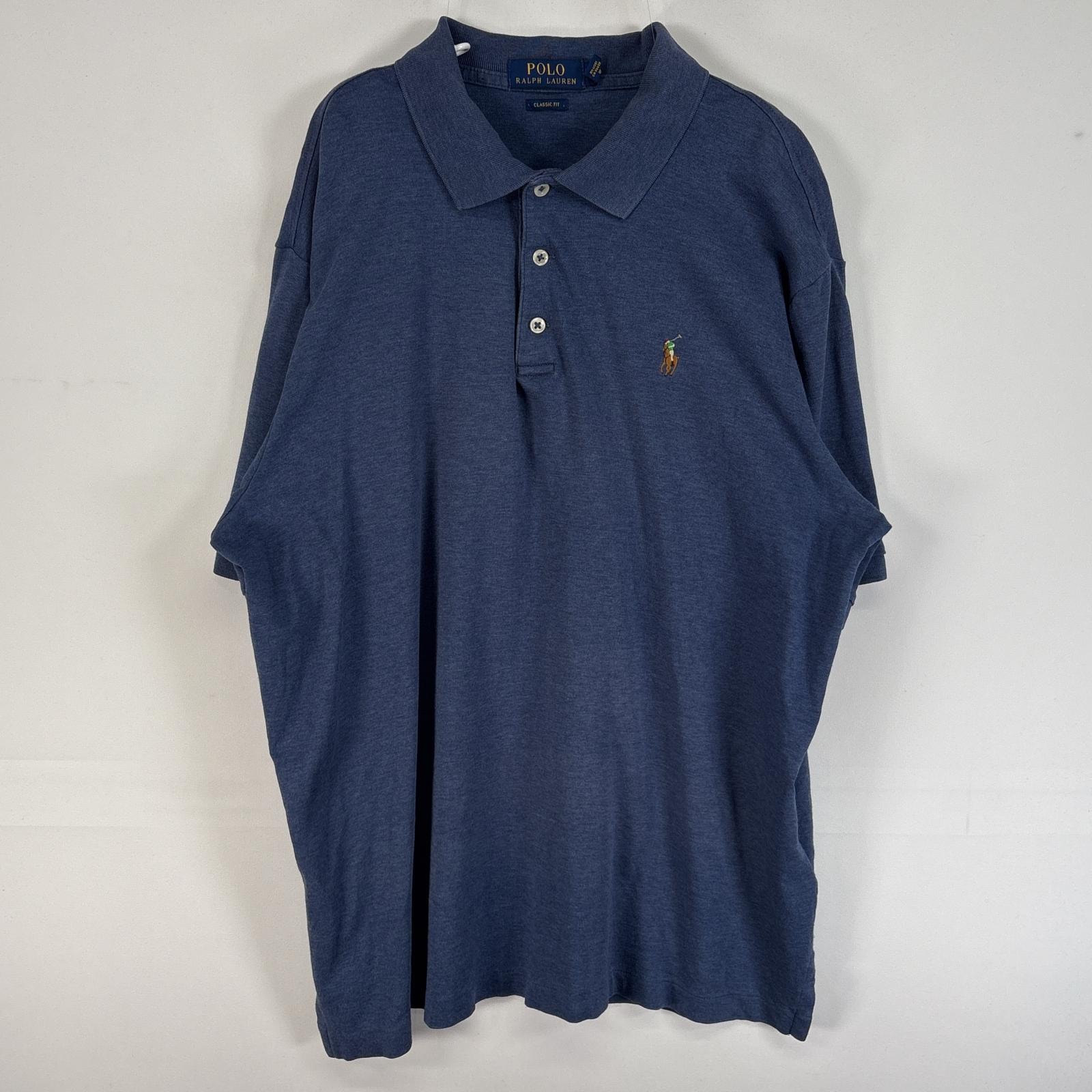 古着 ポロ・ラルフローレン POLO RALPH LAUREN 半袖 ポロシャツ ロゴ 刺繍 3ボタン CLASSIC FIT L  ネイビー 無地 メンズ