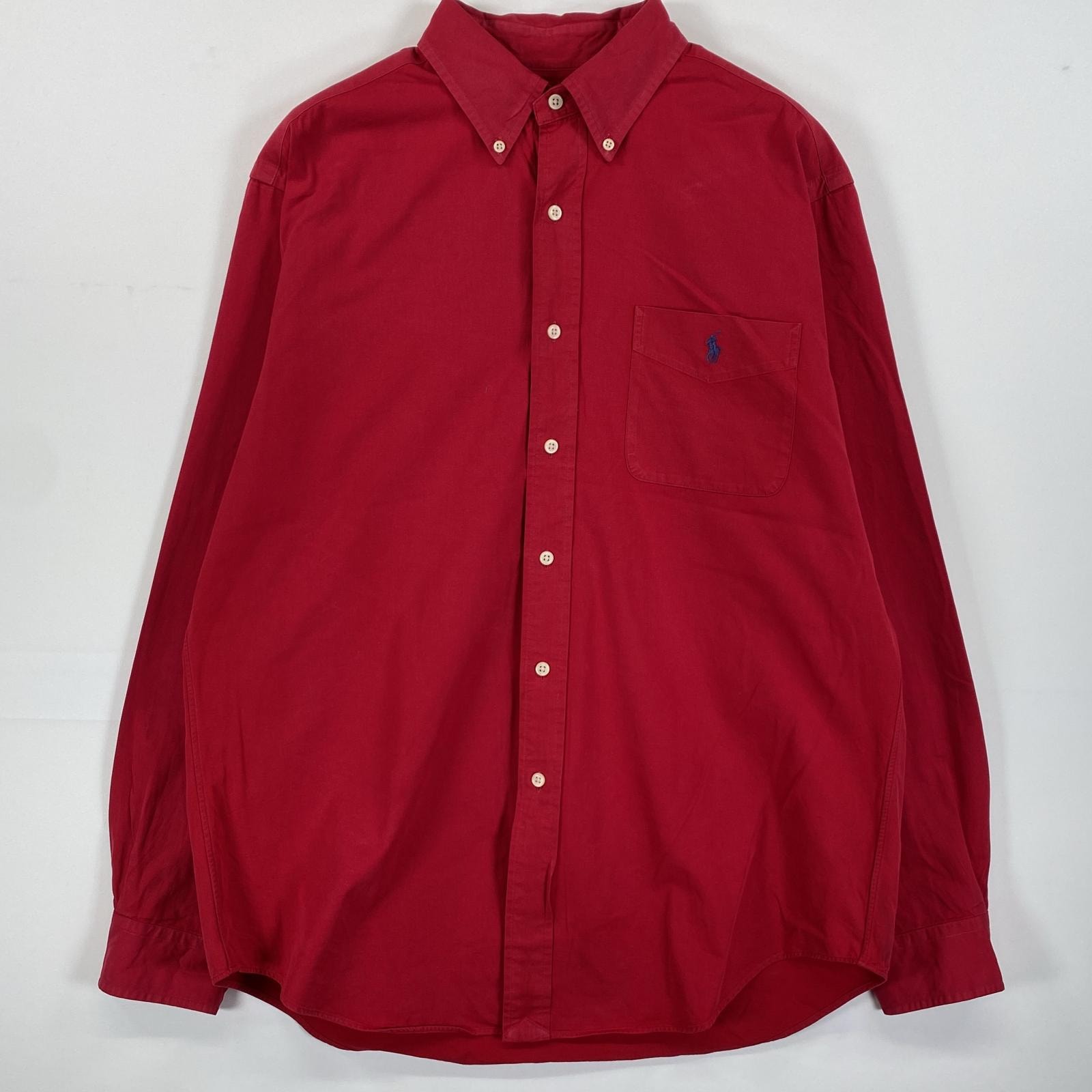 古着 90's/90年代 ラルフローレン RALPH LAUREN 長袖シャツ ボタンダウン ワンポイントロゴ刺繍 胸ポケット L  レッド 無地 メンズ