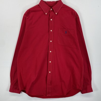 古着 90's/90年代 ラルフローレン RALPH LAUREN 長袖シャツ ボタンダウン ワンポイントロゴ刺繍 胸ポケット L レッド 無地 メンズ