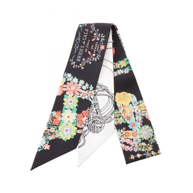 エルメス HERMES ツイリー Brides de Gala en Fleurs アイライナー リボン スカーフ 衣料品 シルク シルク ホワイト レディース ブラック系 / ホワイト系 / マルチカラー 【中古】