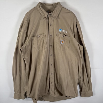 古着 カーハート Carhartt 長袖シャツ ワンポイントロゴ 大きいサイズ 耐火素材 X−LARGE TALL ベージュ 無地 メンズ