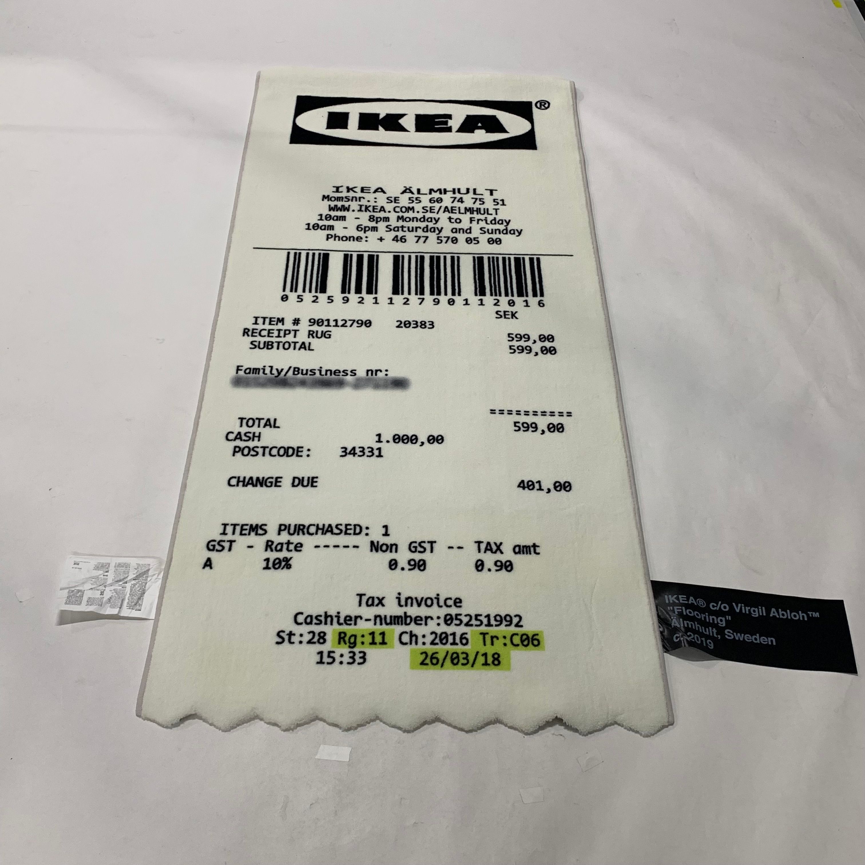 OFF-WHITE / IKEA MARKERAD "RECEIPT" Rug "White"