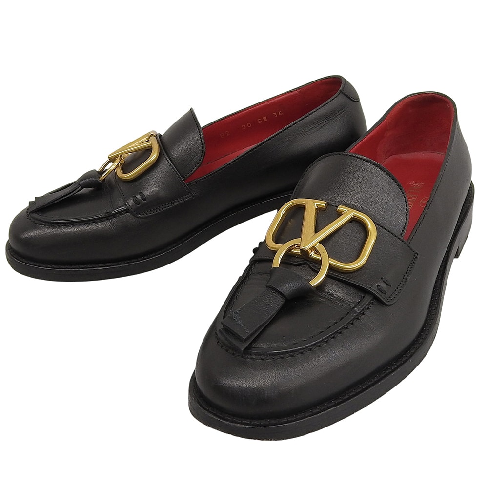 ヴァレンティノガラヴァーニ レザー Vロゴ タッセルローファー シューズ レディース ブラック 36 36