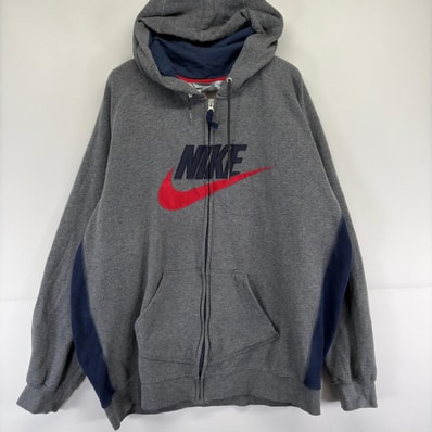 古着 ナイキ NIKE パーカー フーディ ロゴ フルジップ スウェット 大きいサイズ 刺繍 2XL グレー メンズ