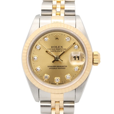 ロレックス ROLEX デイトジャスト 10Pダイヤ W番 腕時計 時計 K18(イエローゴールド) ステンレススチール ダイヤモンド レディース ゴールド系 シャンパン/新ダイヤ 69173G 【中古】