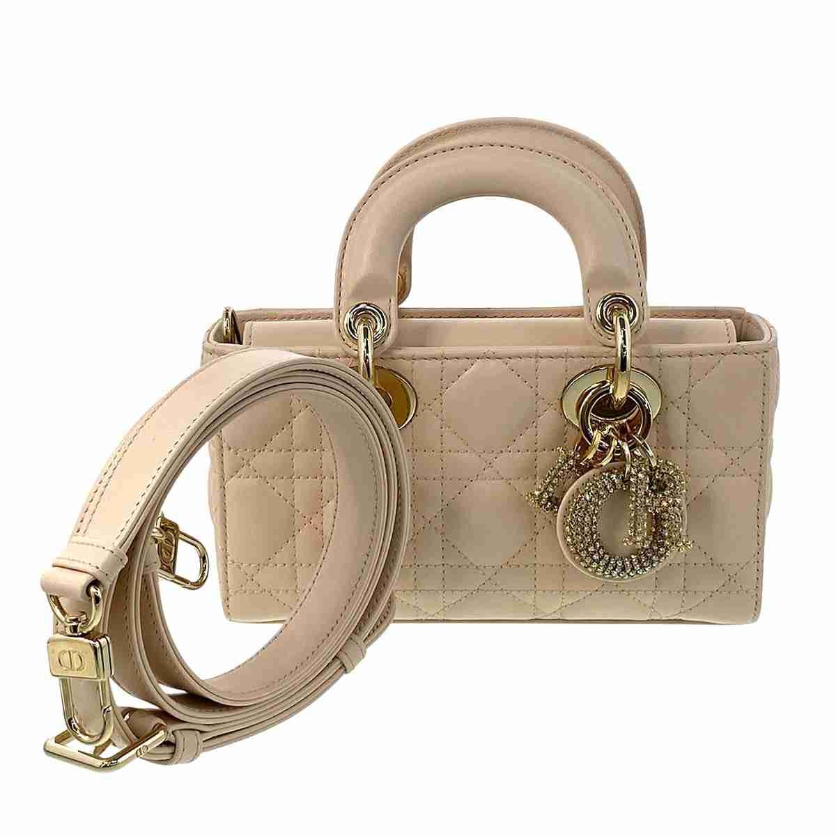 Christian Dior クリスチャンディオール Lady D-Joy ラインストーン ミニカナージュ ショルダーバッグ M0636OUQC ベージュ ピンク ホワイト レディース【中古】