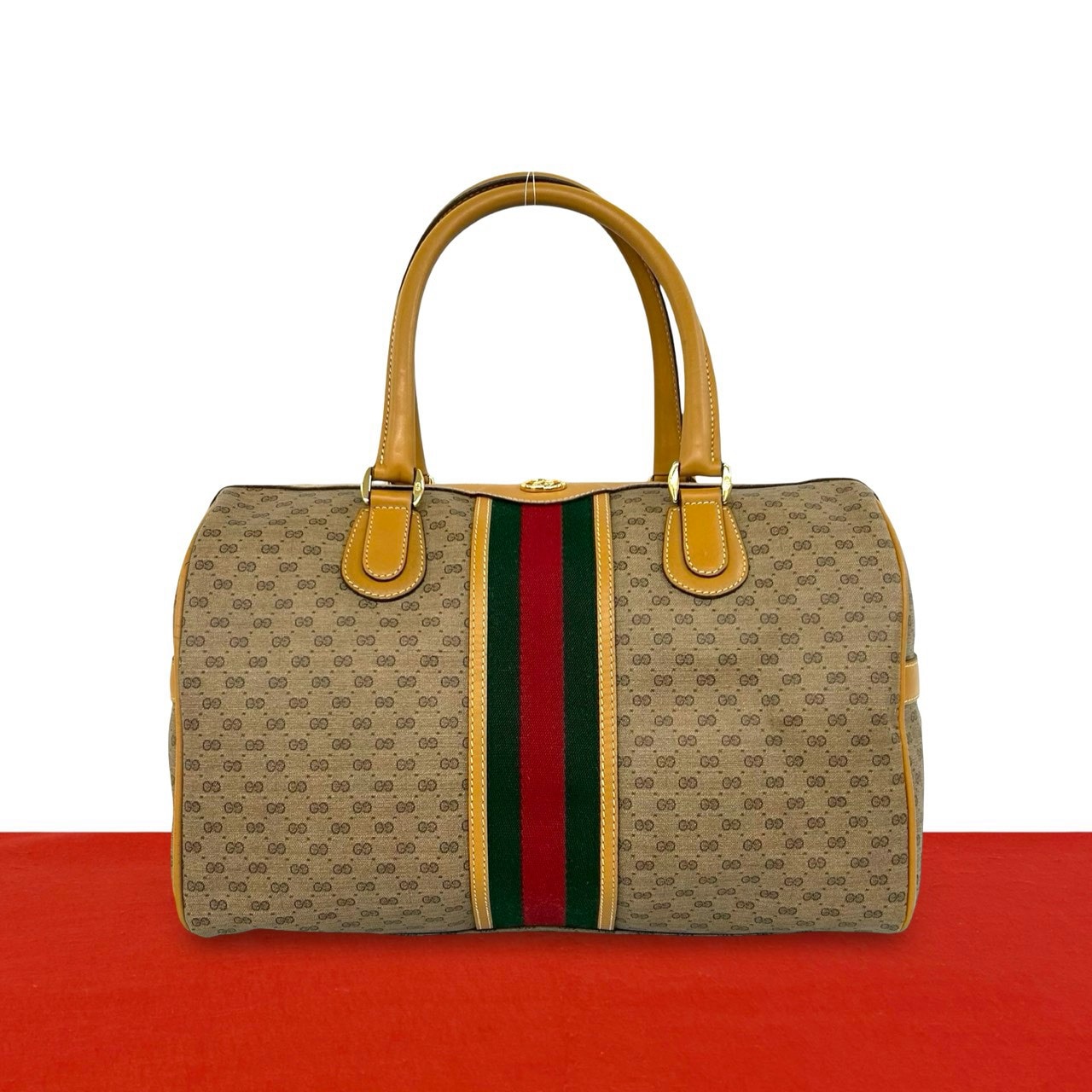 GUCCI グッチ シェリーライン マイクロGG ロゴ 金具 レザー PVC ハンドバッグ ブラウン
 28691