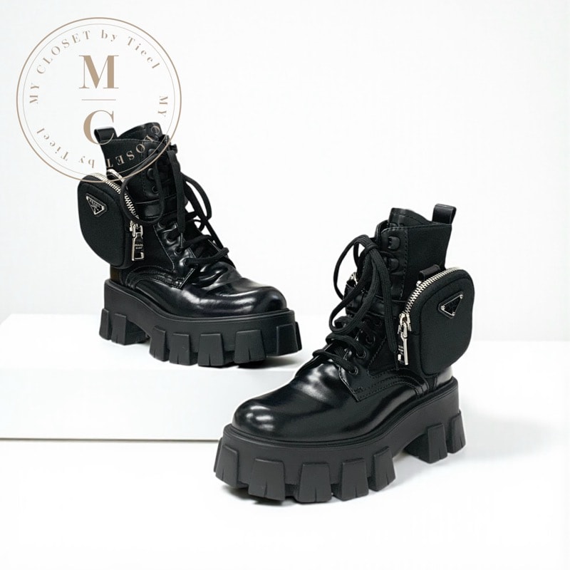 プラダ PRADA モノリス ブーツ ショートブーツ 靴 シューズ レザー ナイロン ブラック 黒 ポーチ付 トライアングルロゴ レースアップ プラットフォーム コンバット