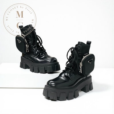 プラダ PRADA モノリス ブーツ ショートブーツ 靴 シューズ レザー ナイロン ブラック 黒 ポーチ付 トライアングルロゴ レースアップ プラットフォーム コンバット