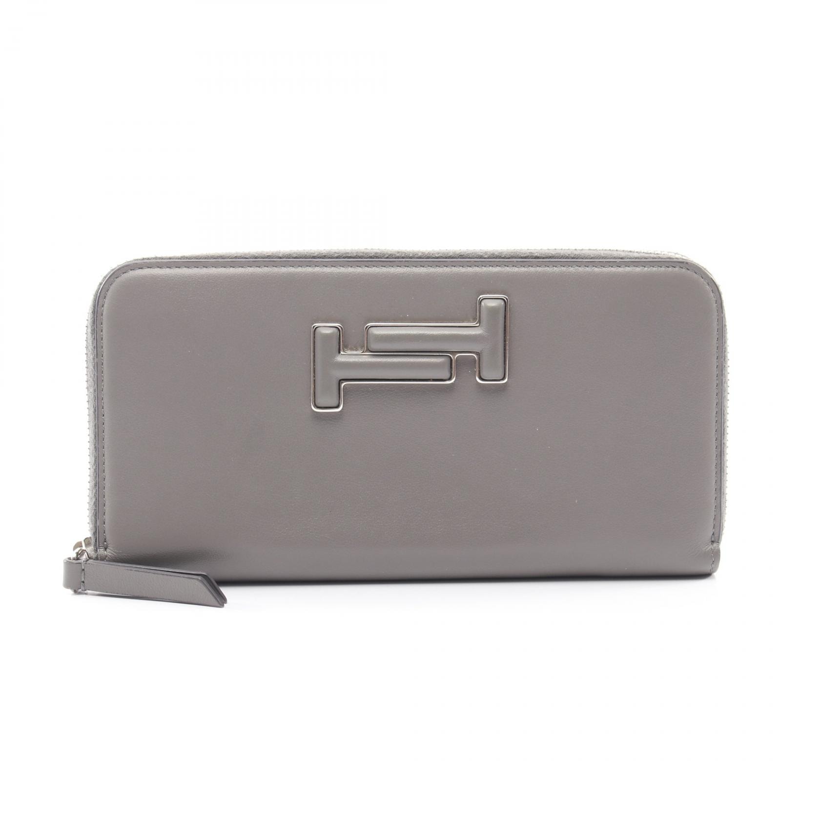トッズ TOD'S ダブルT ラウンド長財布 財布 レザー レディース グレー系 【中古】