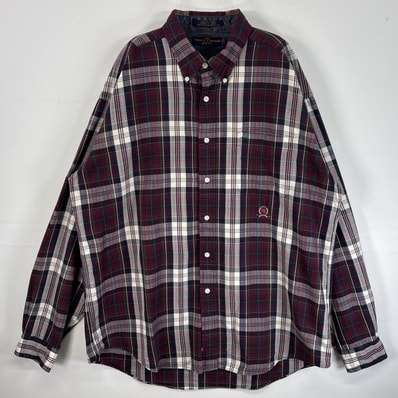 古着 90's/90年代 トミーヒルフィガー TOMMY HILFIGER 長袖シャツ チェック柄 ロゴ 刺繍 ボタンダウン XL レッド系 マルチカラー メンズ