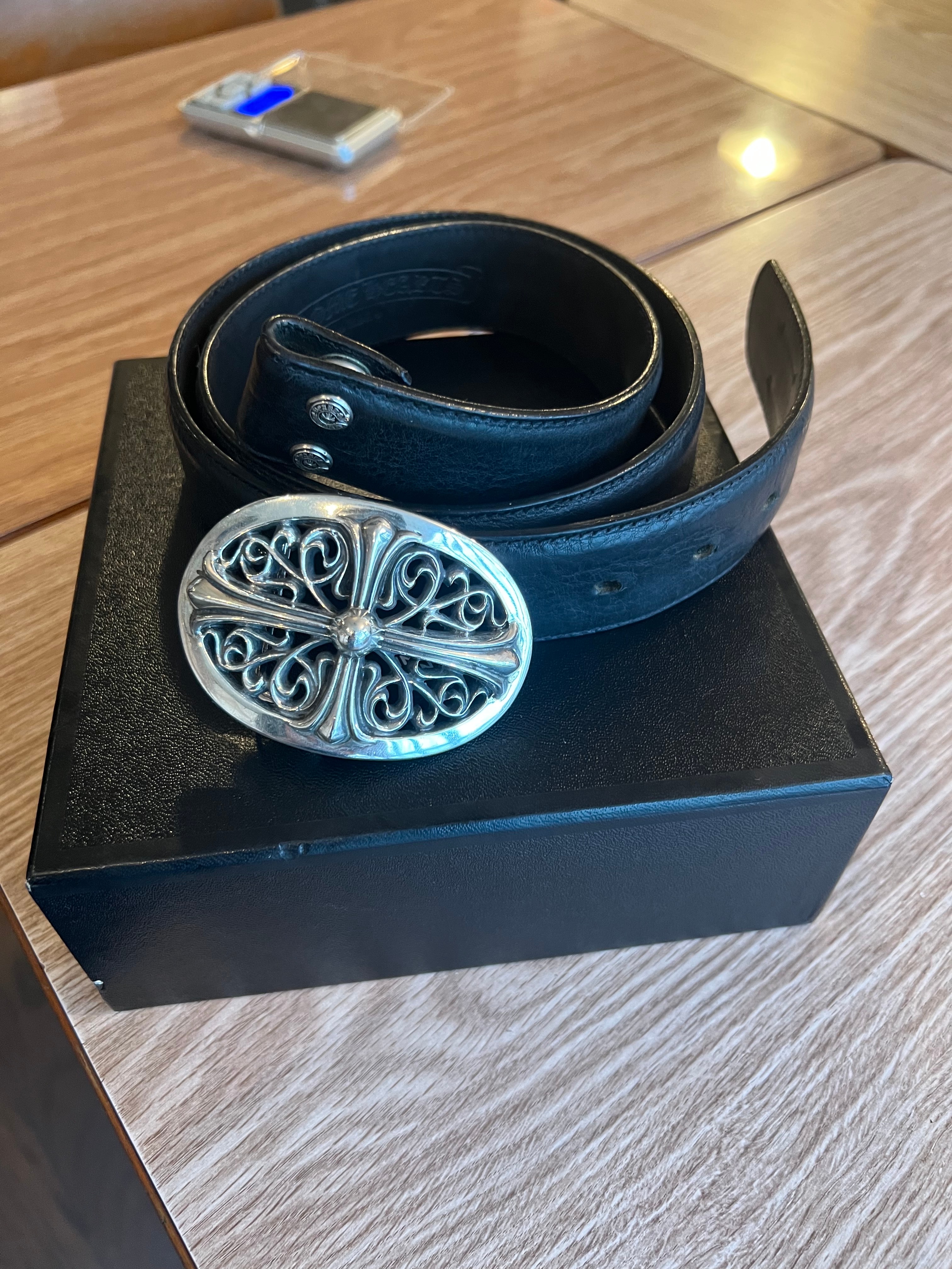Chrome Hearts Classic Oval Cross Buckle Plane Black Leather 1.5 Horseshoe Rivet Belt Set "Black"