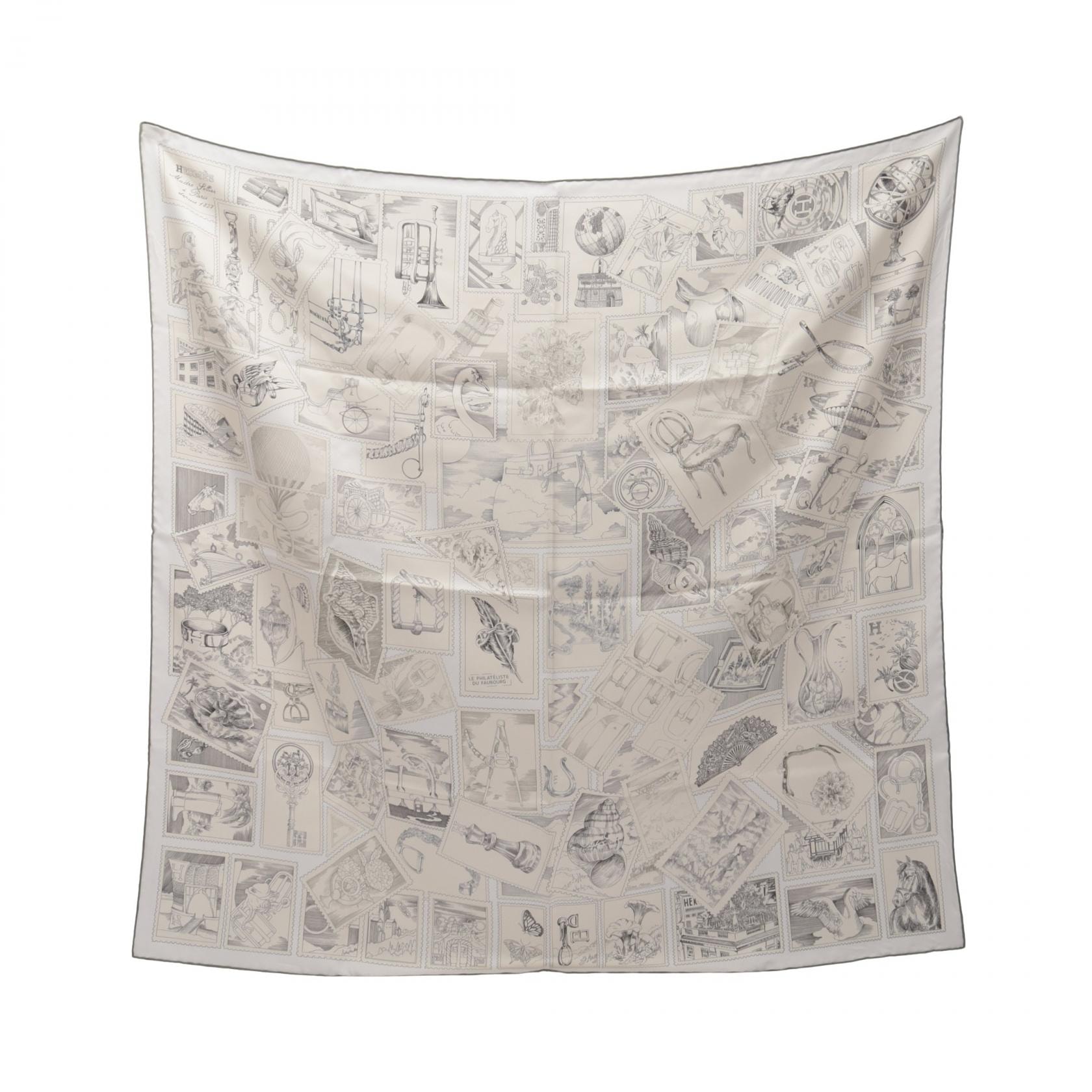 エルメス HERMES カレ90 Le Philatéliste du Faubourg スカーフ 衣料品 シルク シルク レディース ホワイト系 / グレー系 【中古】