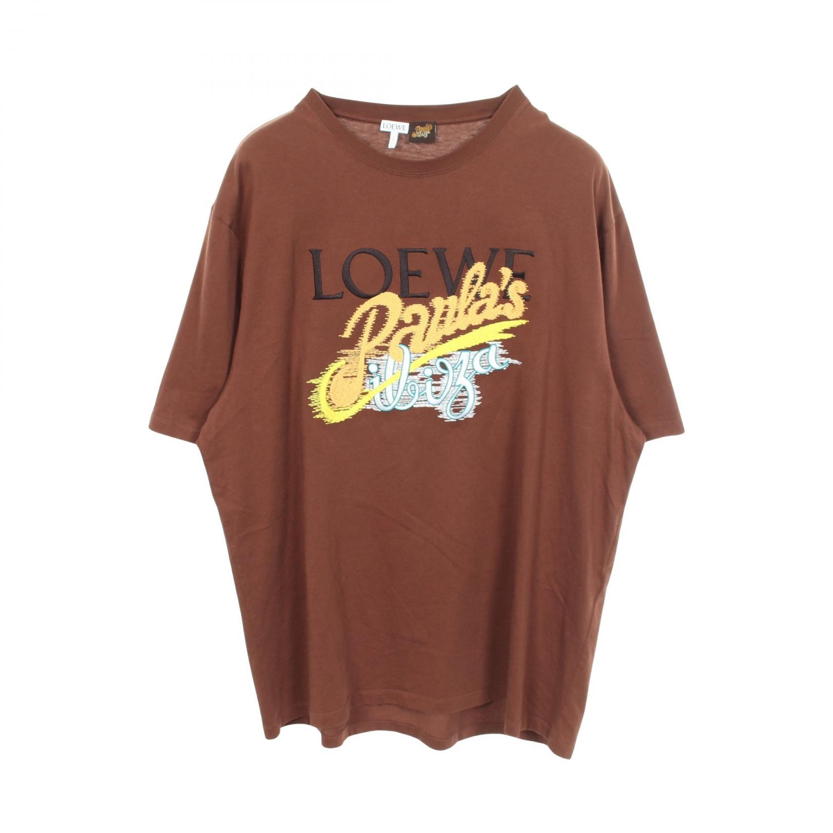 ロエベ LOEWE PAULA'S IBIZA ロゴ刺繍 半袖Tシャツ 衣料品 トップス コットン メンズ ブラウン系 【中古】
