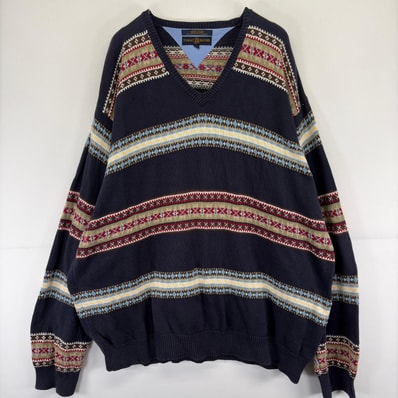 古着 トミーヒルフィガー TOMMY HILFIGER ニット セーター Vネック 大きいサイズ ボーダー ノルディック 2XL ネイビー系 メンズ