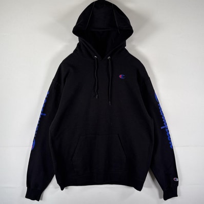 古着 チャンピオン Champion パーカー プルオーバー フーディ スウェット 袖ロゴ ワッペン ワンポイントロゴ刺繍 L ブラック メンズ