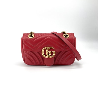 GUCCI(グッチ) GGマーモント スモール キルティングレザー スライド式チェーンストラップ ダブルG ゴールド金具 446744 ショルダーバッグ レッド×ゴールド