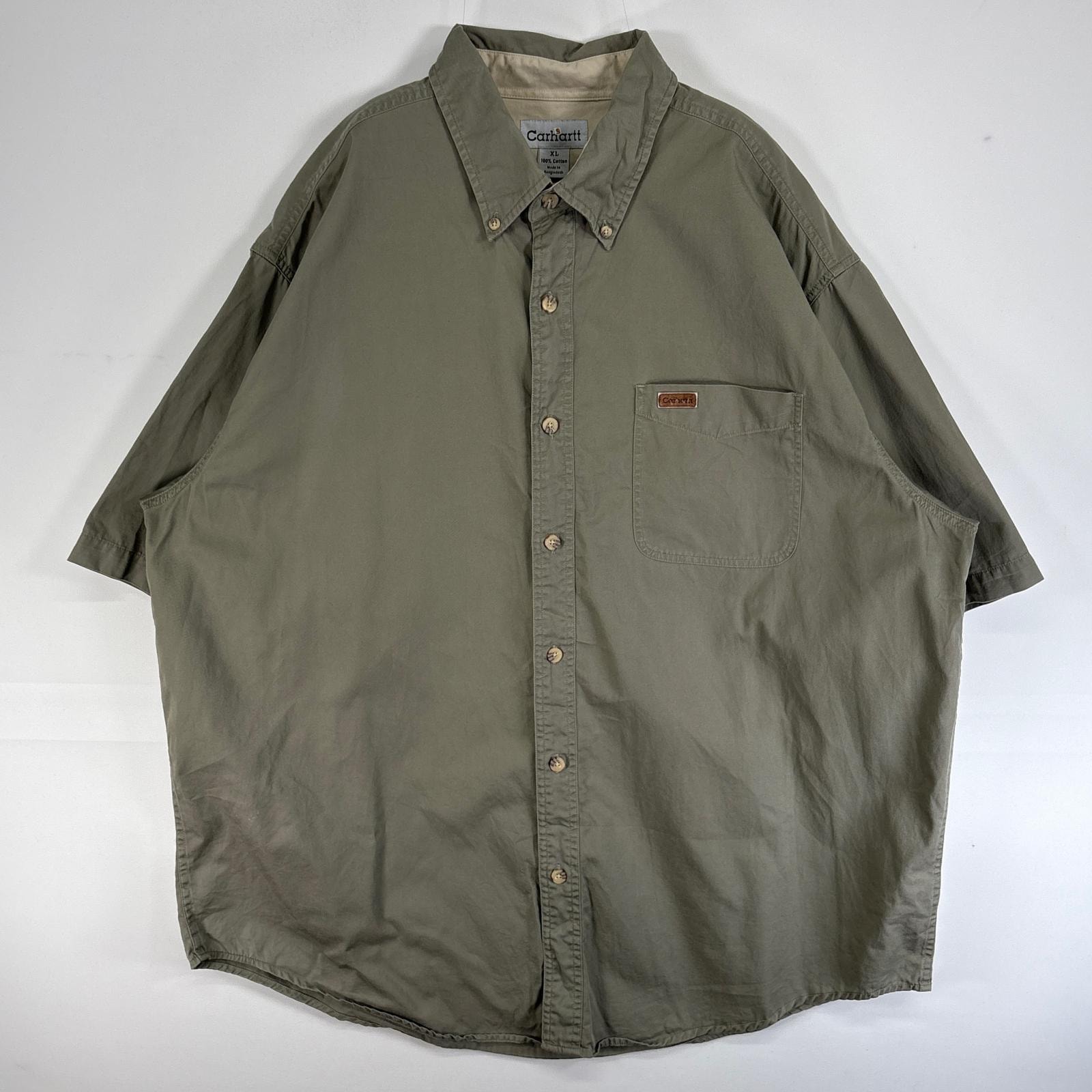 古着 カーハート Carhartt 半袖シャツ 大きいサイズ 肉厚 ワンポイント ロゴ 胸ポケ XL  カーキ 無地 メンズ