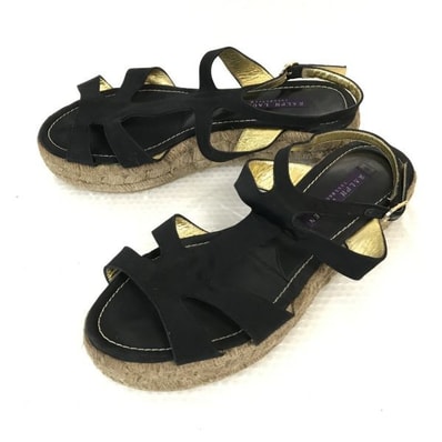 美品★RALPH LAUREN Collection★アンクルストラップサンダル【7/24.0/黒/BLACK】ラルフローレン/ジュートソール/Shoes/sandal◆cQ-548