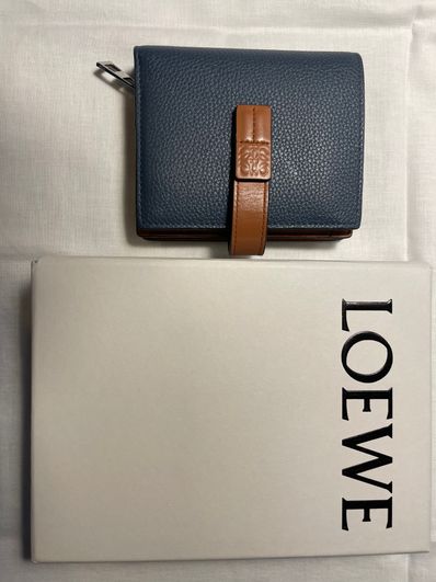 LOEWE Compact Zip Wallet In Soft Grained Calfskin "Steel Blue / Tan"