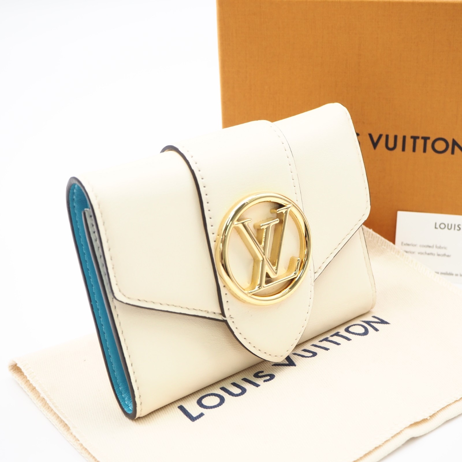 美品 LOUIS VUITTON ルイ・ヴィトン カーフスキン ポルトフォイユ LVポンヌフ コンパクト M69176 三つ折り財布 クリーム ブルー カーフレザー レディース