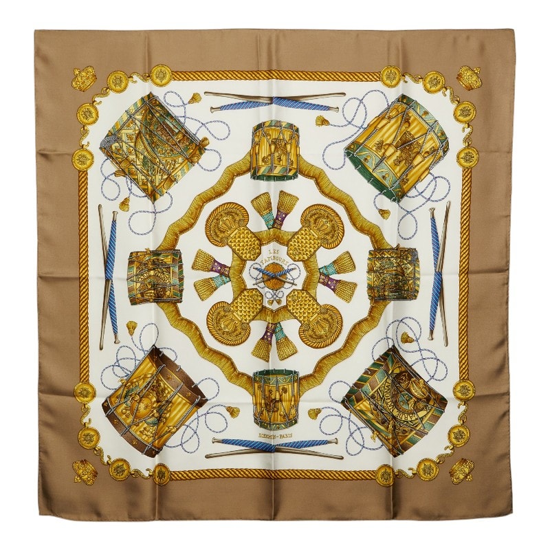 エルメス カレ90 LES TAMBOURS タンブールの太鼓 ベージュ スカーフ ベージュ系 ホワイト マルチカラー シルク レディース HERMES 【中古】