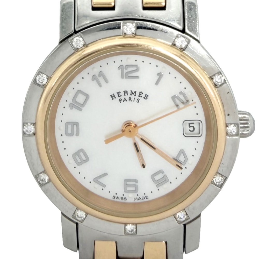 HERMES エルメス 腕時計 クリッパー ナクレ Hモチーフ デイト コンビ SS 電池式 ホワイトシェル文字盤 CL4.222 クオーツ ステンレススチール GP ダイヤモンド12P シルバー ゴールド レディース【中古品】